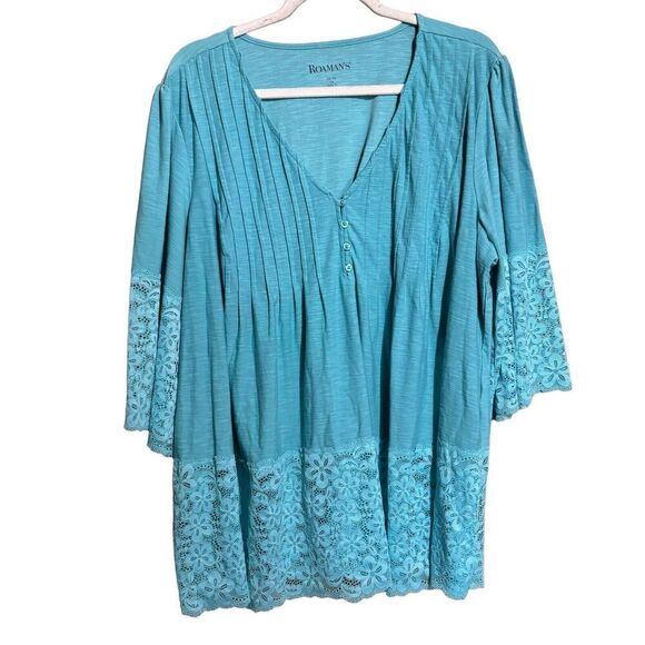 Roamans Top Womens 22 24 1X Blue Pintucked Lace Hem V Neck Stretch Blouse Ladies - Picture 1 of 8